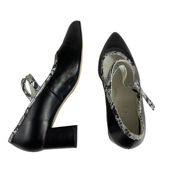 Calla Reptile Snakeskin Soft Leather Black White Point Toe Maryjane Block Heels - Picture 7 of 15